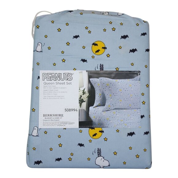 Peanuts Snoopy Halloween Fall Queen Sheets By Berkshire Ghosts Bats Stars Blue - Picture 5 of 8